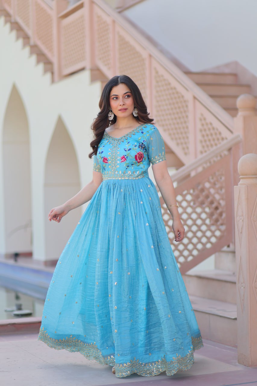 Gold Crush Embroidered Gown – Fully Stitched & Ready to Wear - ETHNICDEAL