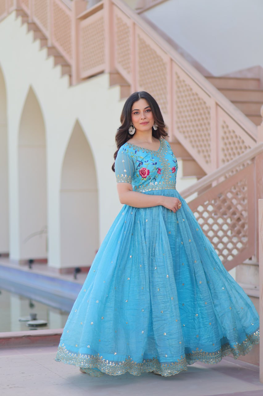 Gold Crush Embroidered Gown – Fully Stitched & Ready to Wear - ETHNICDEAL