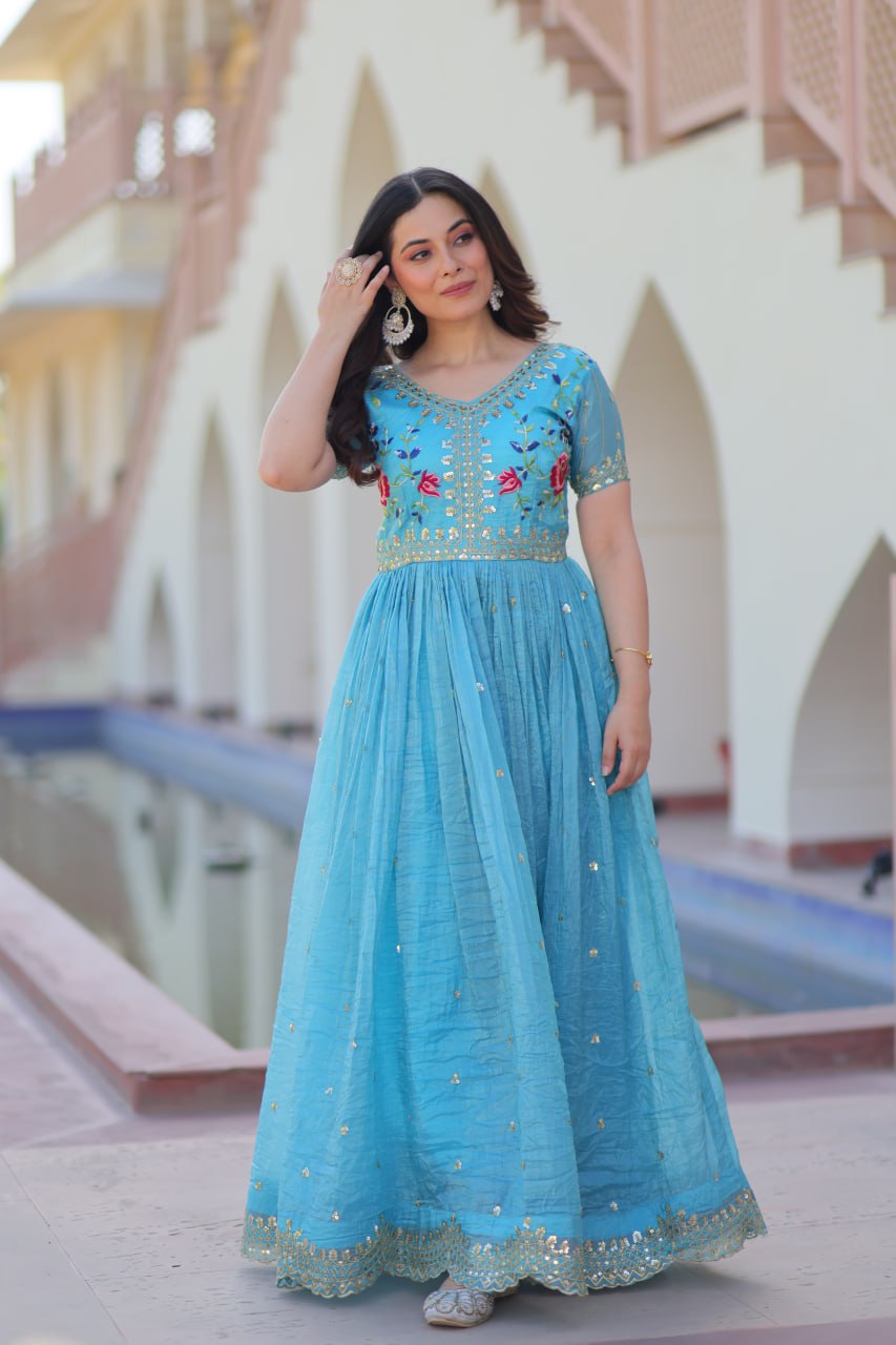 Gold Crush Embroidered Gown – Fully Stitched & Ready to Wear - ETHNICDEAL