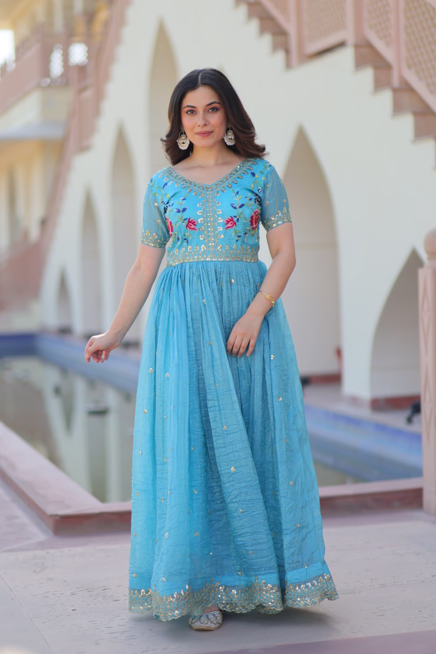 Gold Crush Embroidered Gown – Fully Stitched & Ready to Wear - ETHNICDEAL