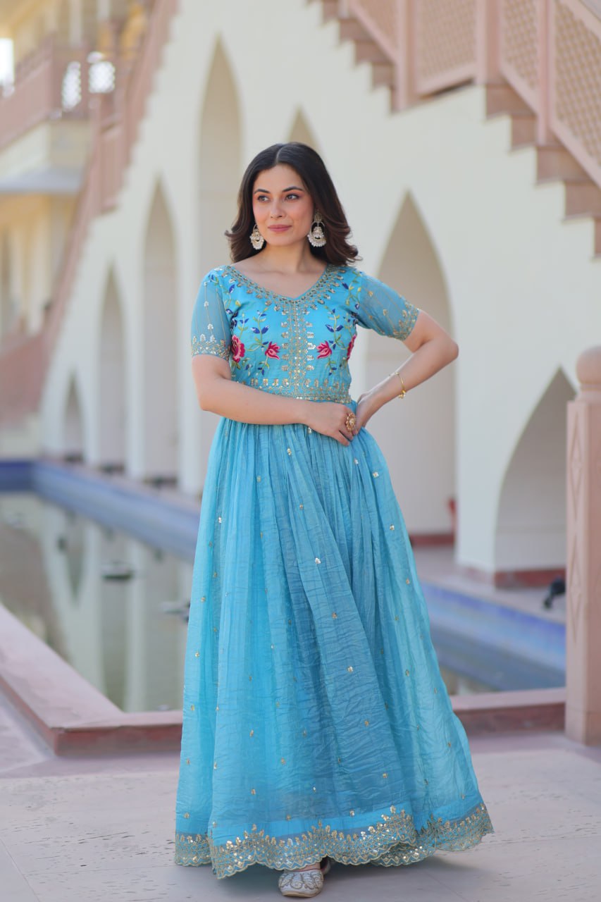 Gold Crush Embroidered Gown – Fully Stitched & Ready to Wear - ETHNICDEAL