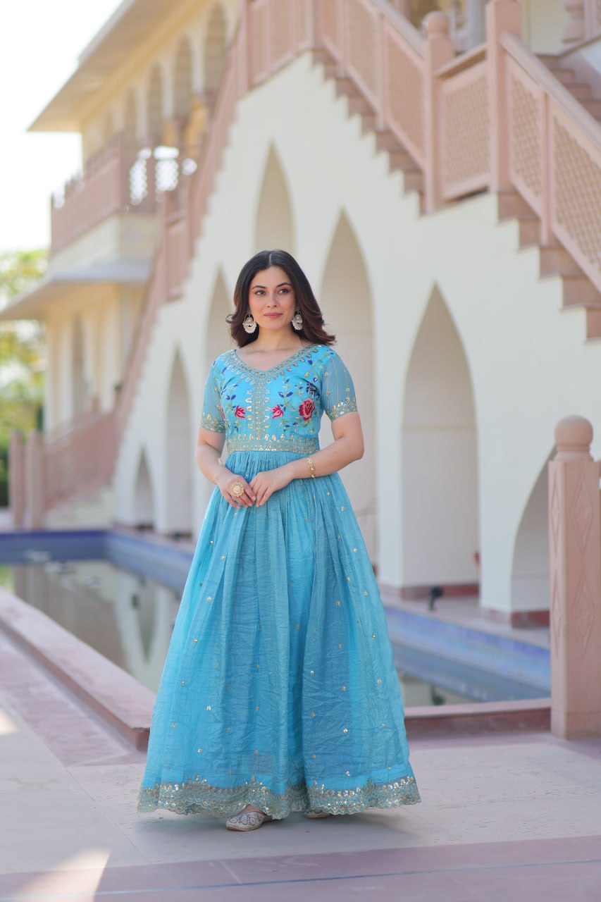 Gold Crush Embroidered Gown – Fully Stitched & Ready to Wear - ETHNICDEAL