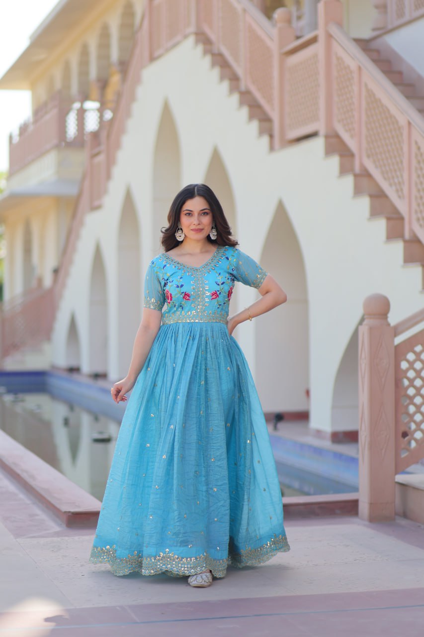 Gold Crush Embroidered Gown – Fully Stitched & Ready to Wear - ETHNICDEAL