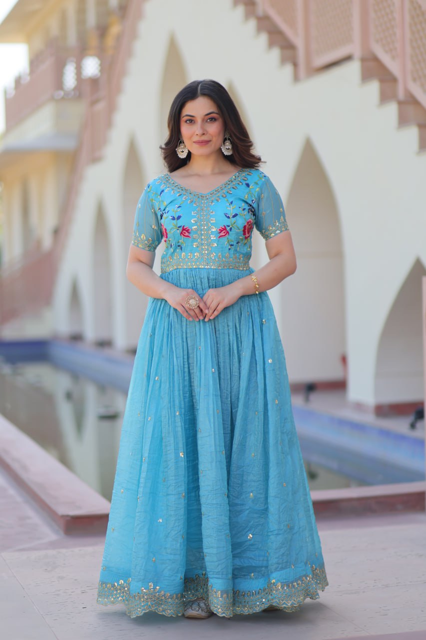 Gold Crush Embroidered Gown – Fully Stitched & Ready to Wear - ETHNICDEAL