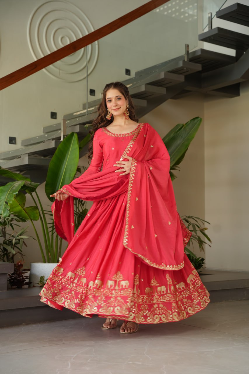 Graceful Chinon Embroidered Gown With Dupatta - ETHNICDEAL