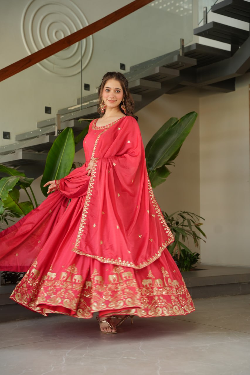 Graceful Chinon Embroidered Gown With Dupatta - ETHNICDEAL