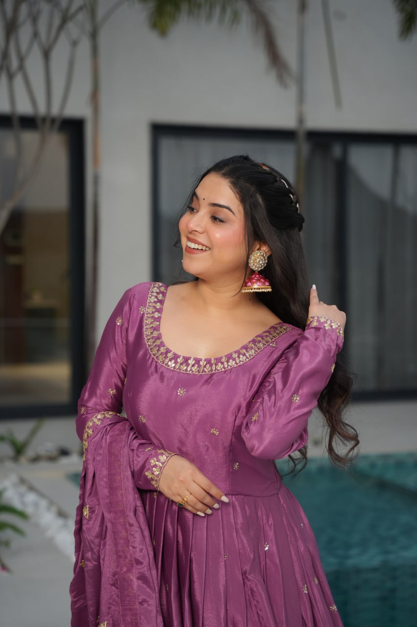 Graceful Chinon Embroidered Gown With Dupatta - ETHNICDEAL