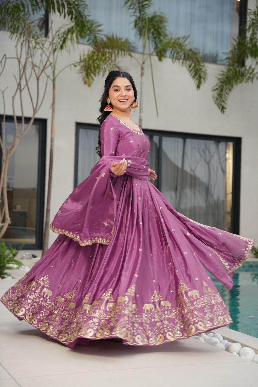 Graceful Chinon Embroidered Gown With Dupatta - ETHNICDEAL