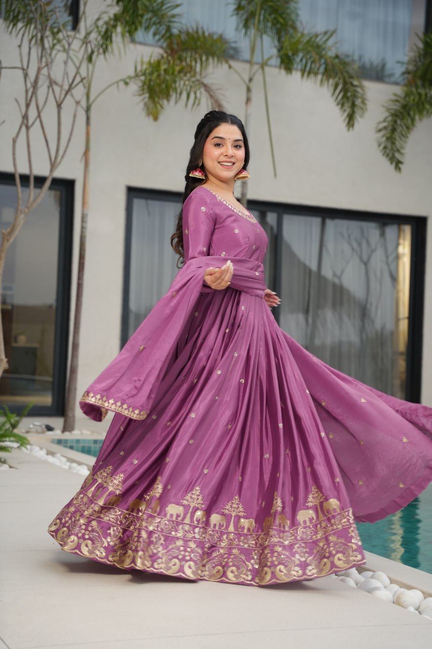 Graceful Chinon Embroidered Gown With Dupatta - ETHNICDEAL