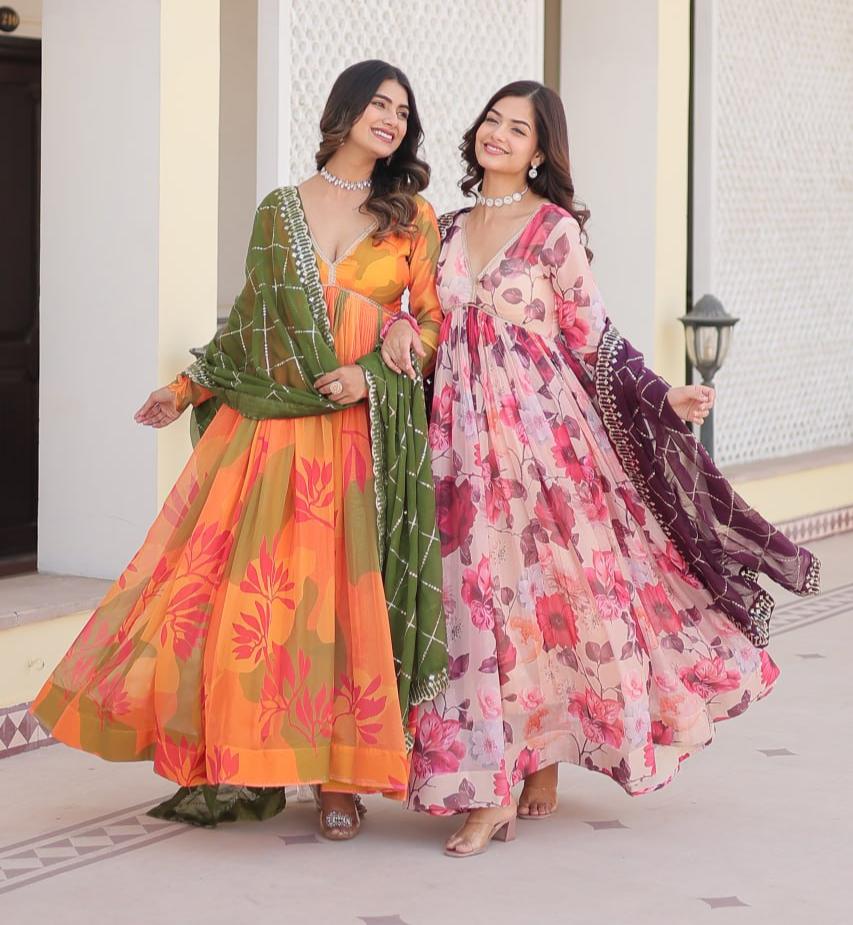 Captivating Russian Silk Floral Fully Stitched Designer Gown - Ethnicwish