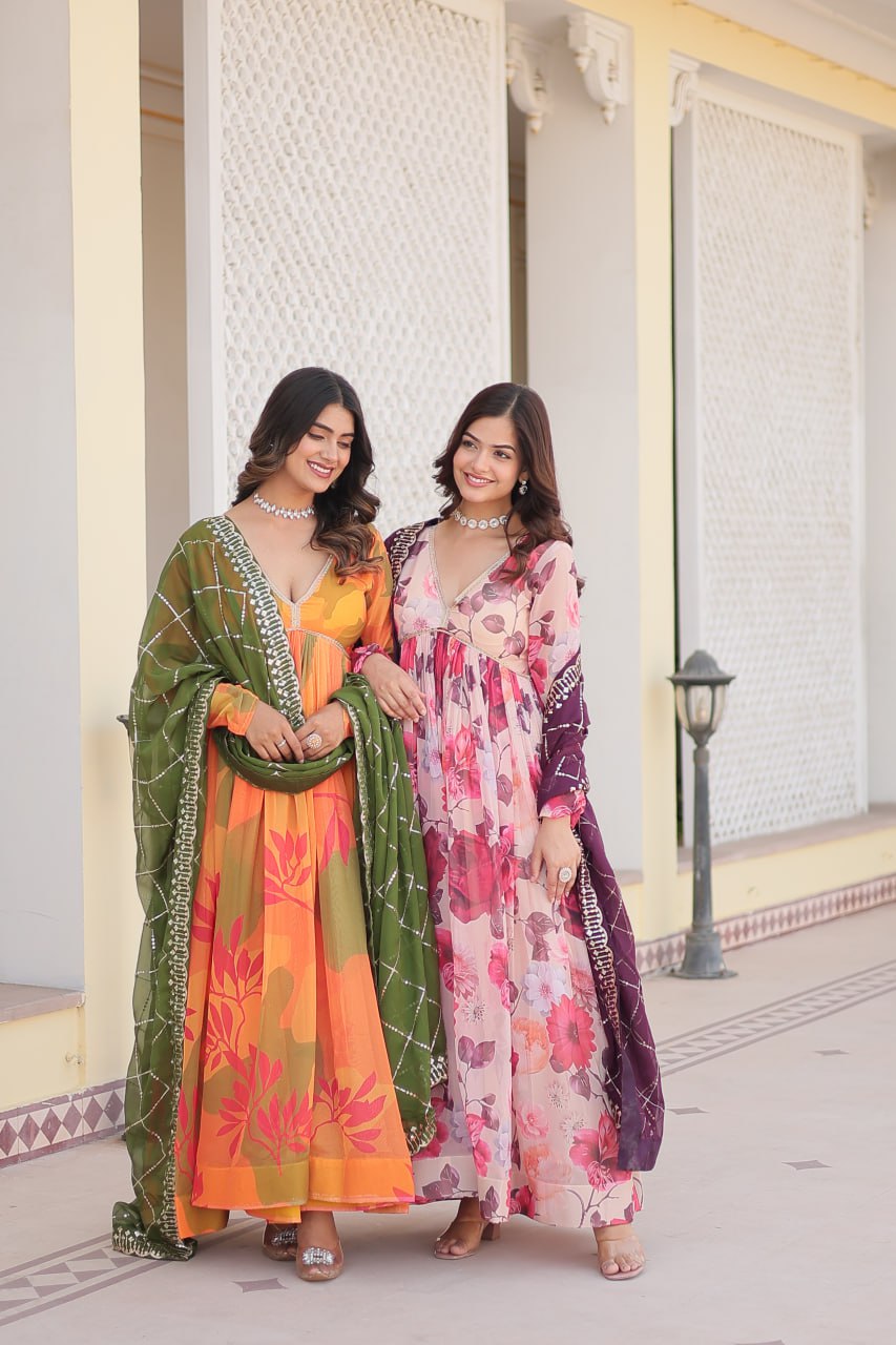 Captivating Russian Silk Floral Fully Stitched Designer Gown - Ethnicwish