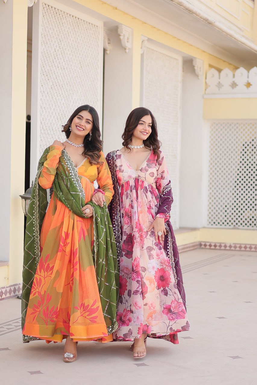 Captivating Russian Silk Floral Fully Stitched Designer Gown - Ethnicwish