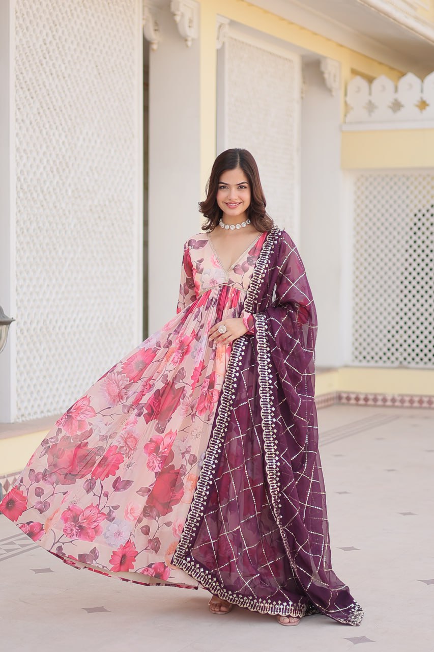 Captivating Russian Silk Floral Fully Stitched Designer Gown - Ethnicwish