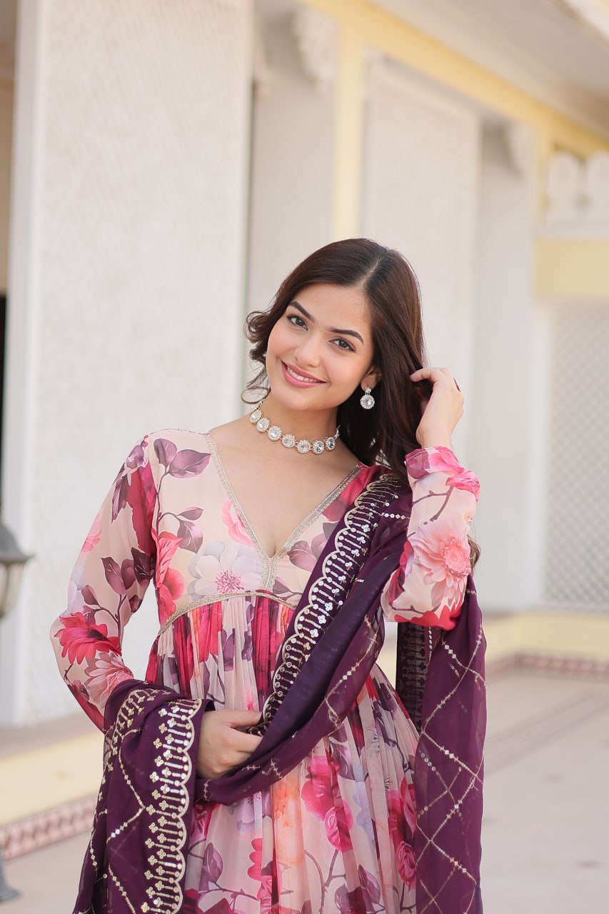 Captivating Russian Silk Floral Fully Stitched Designer Gown - Ethnicwish