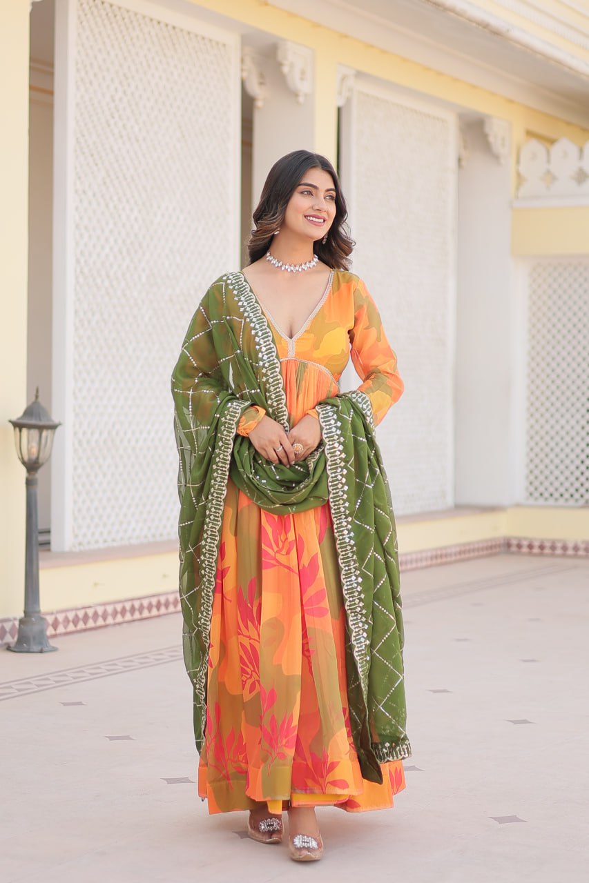 Captivating Russian Silk Floral Fully Stitched Designer Gown - Ethnicwish