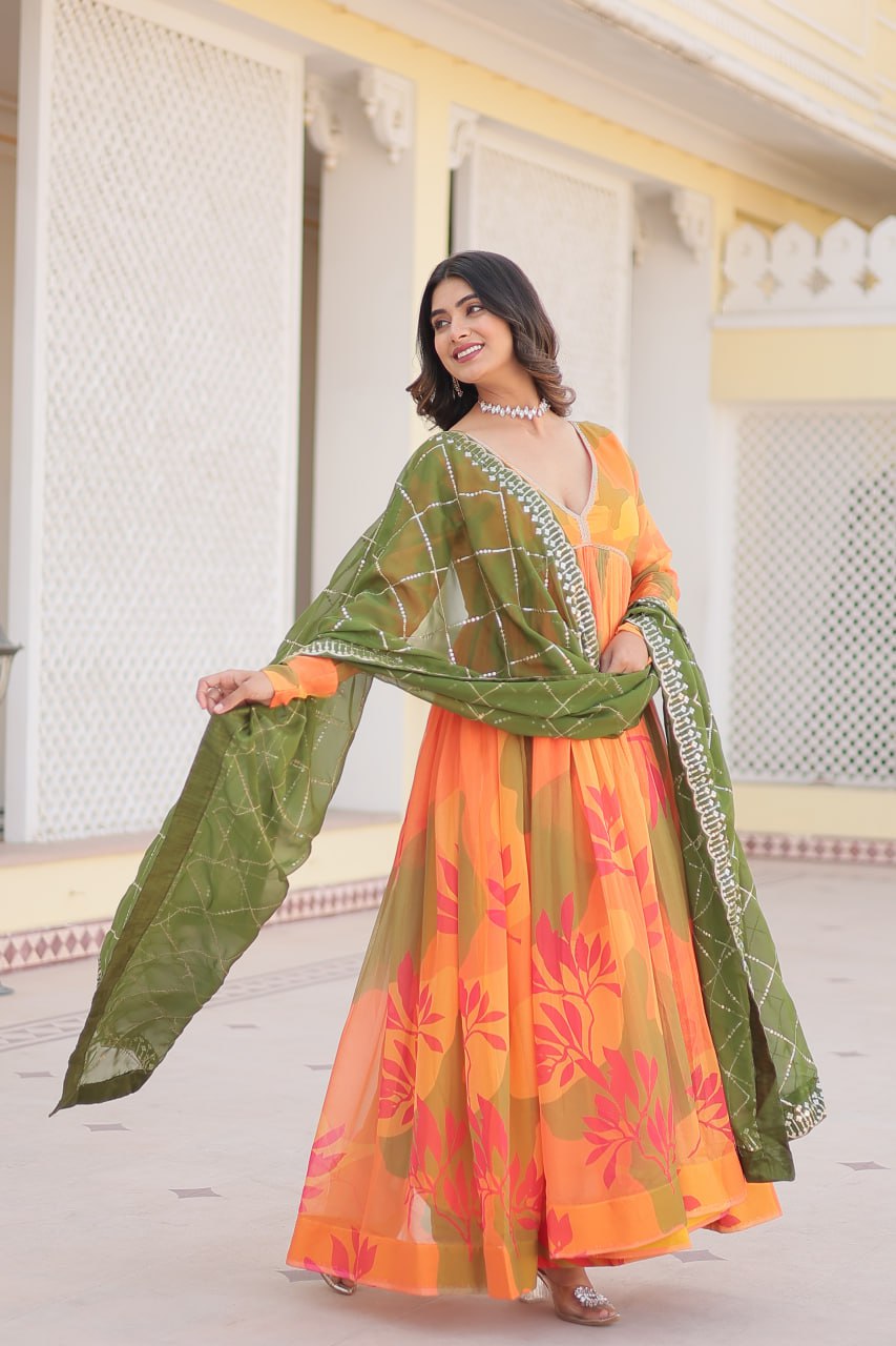 Captivating Russian Silk Floral Fully Stitched Designer Gown - Ethnicwish