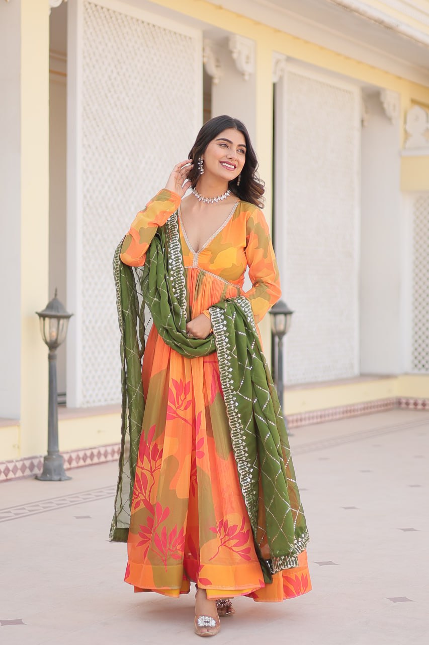 Captivating Russian Silk Floral Fully Stitched Designer Gown - Ethnicwish
