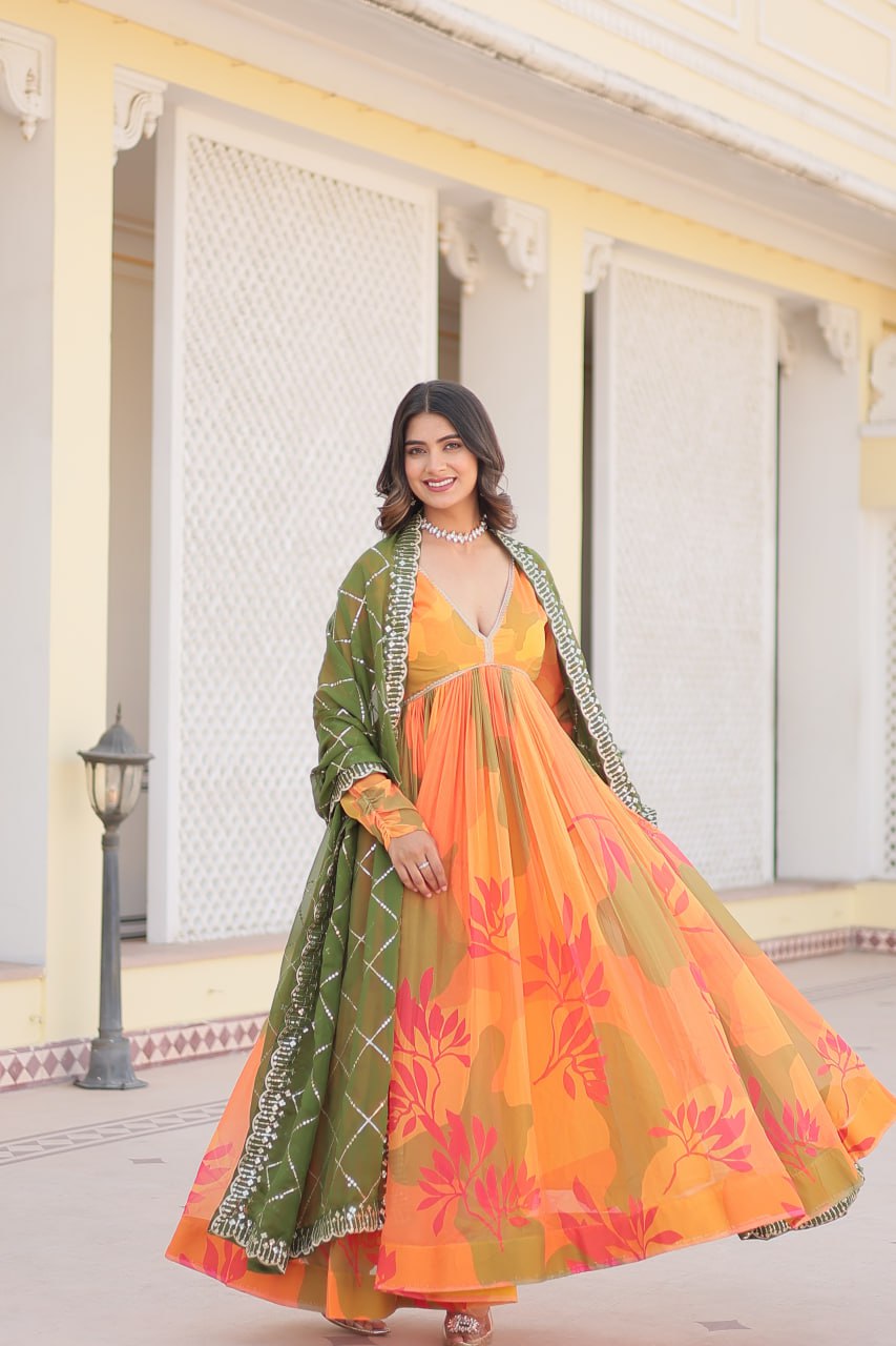 Captivating Russian Silk Floral Fully Stitched Designer Gown - Ethnicwish