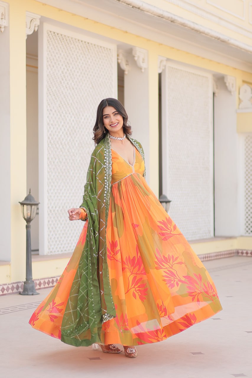 Captivating Russian Silk Floral Fully Stitched Designer Gown - Ethnicwish