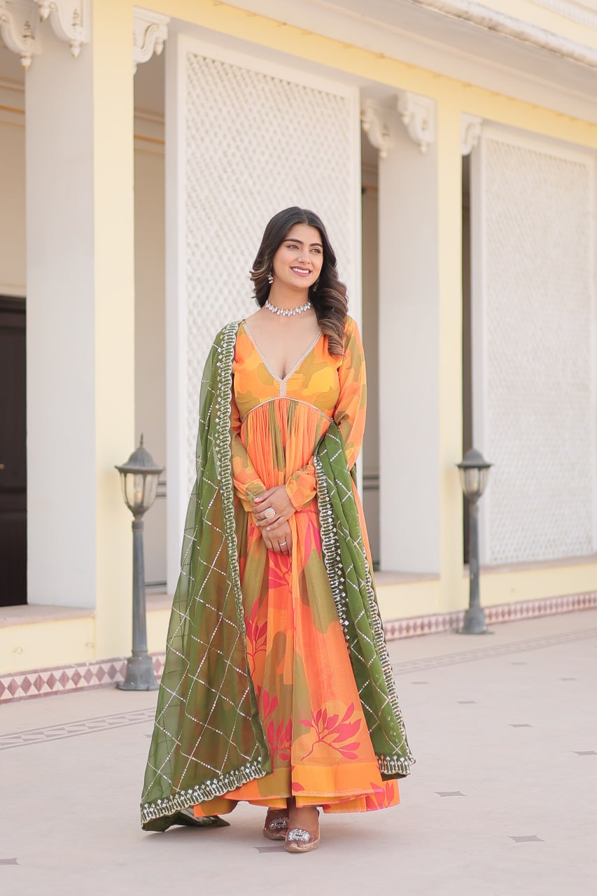 Captivating Russian Silk Floral Fully Stitched Designer Gown - Ethnicwish