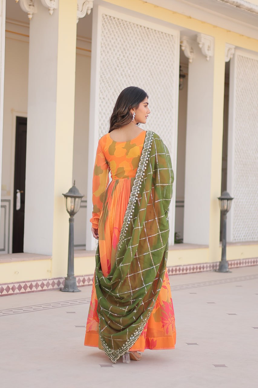 Captivating Russian Silk Floral Fully Stitched Designer Gown - Ethnicwish