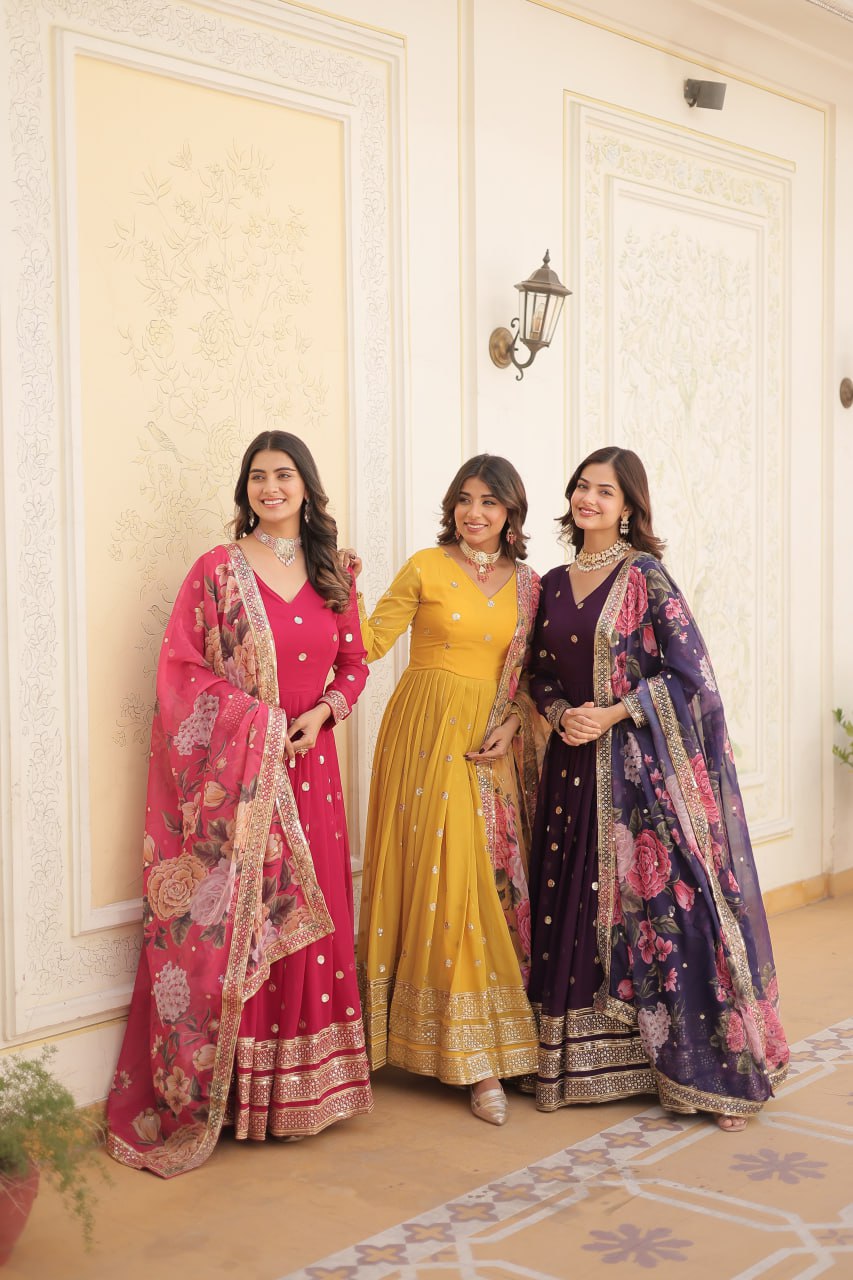 Entrancing Faux Georgette Zari Sequins Worked Designer Gown - Ethnicwish