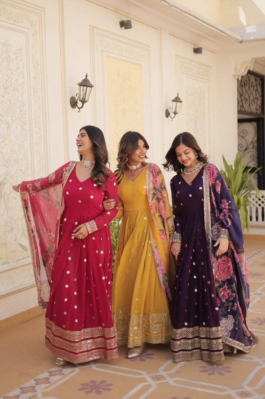 Entrancing Faux Georgette Zari Sequins Worked Designer Gown - Ethnicwish