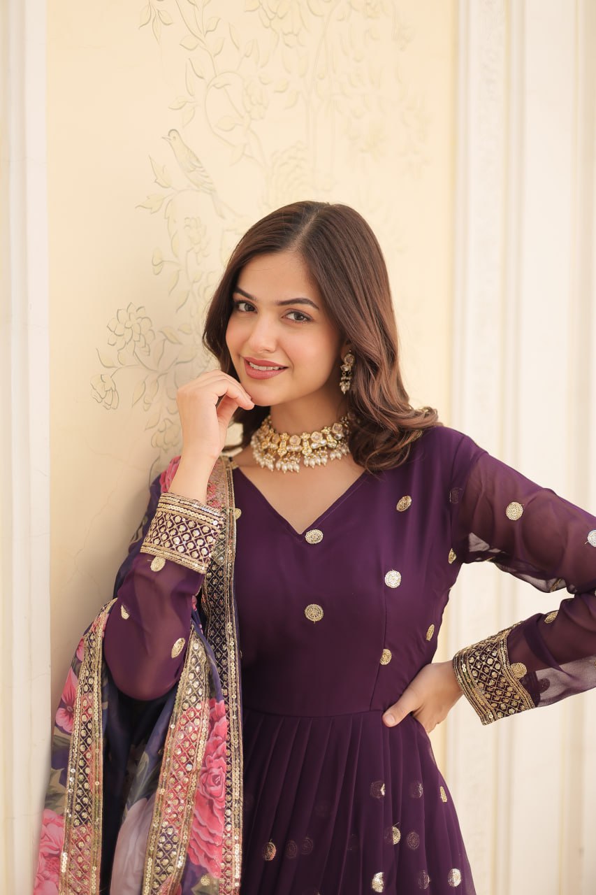 Entrancing Faux Georgette Zari Sequins Worked Designer Gown - Ethnicwish