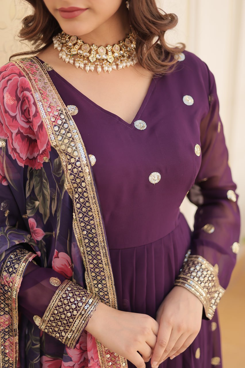 Entrancing Faux Georgette Zari Sequins Worked Designer Gown - Ethnicwish