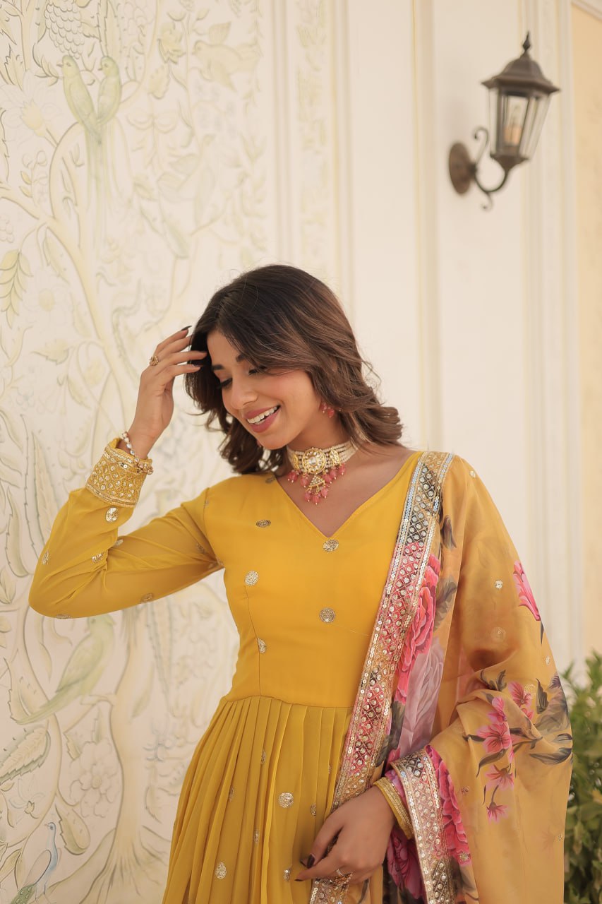 Entrancing Faux Georgette Zari Sequins Worked Designer Gown - Ethnicwish