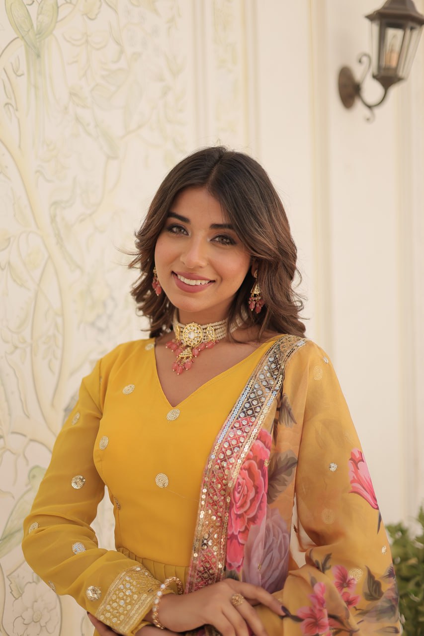 Entrancing Faux Georgette Zari Sequins Worked Designer Gown - Ethnicwish