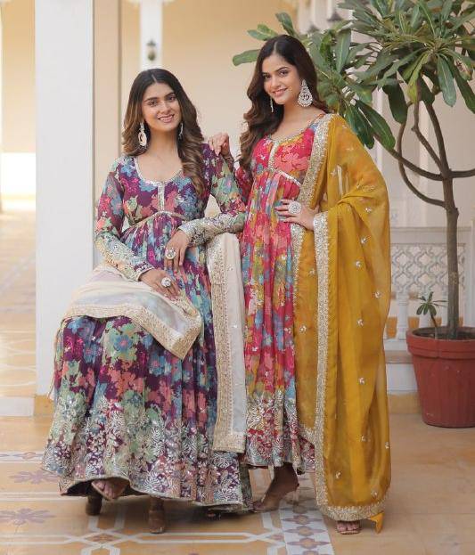 Ravishing Russian Silk Zari Sequins Worked Gown With Dupatta - Ethnicwish