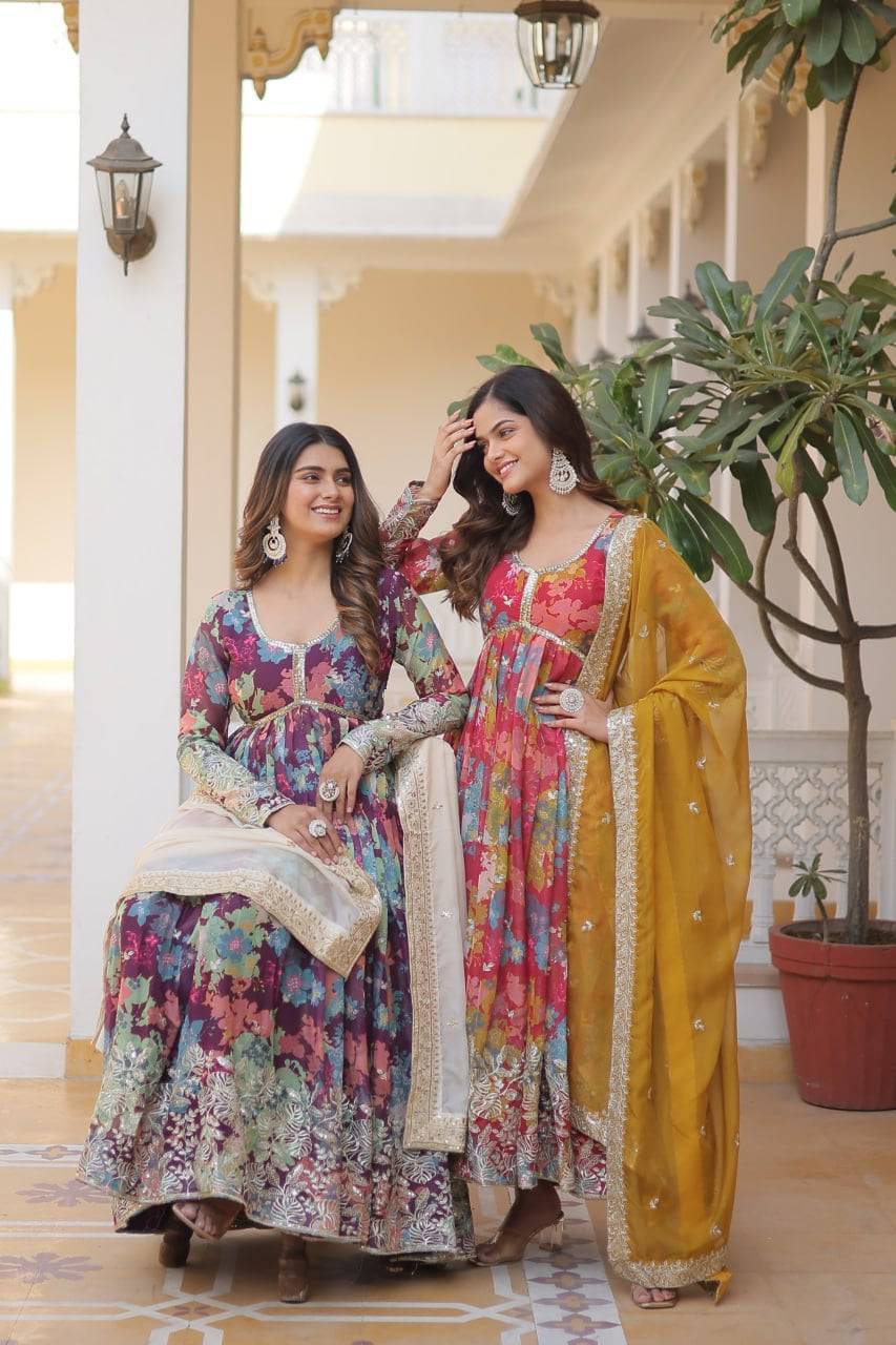 Ravishing Russian Silk Zari Sequins Worked Gown With Dupatta - Ethnicwish