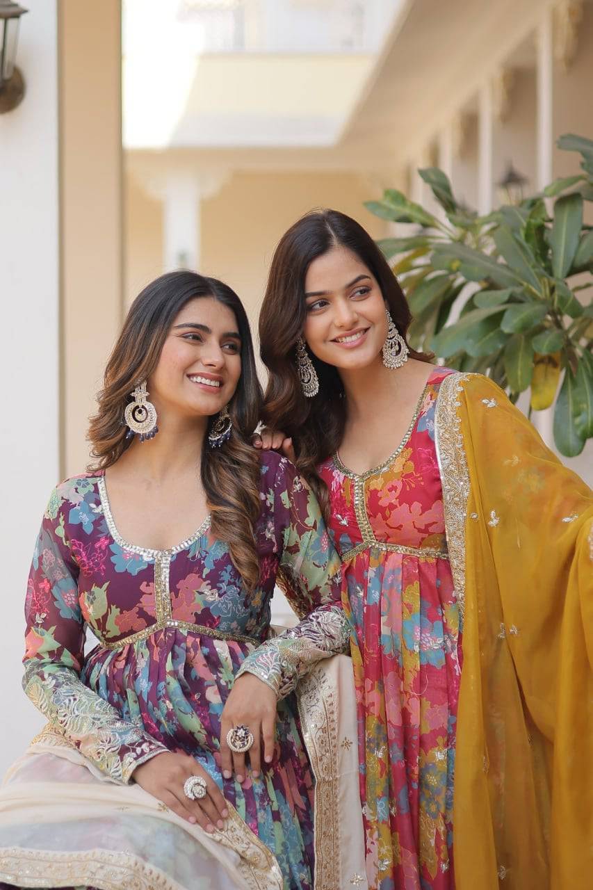 Ravishing Russian Silk Zari Sequins Worked Gown With Dupatta - Ethnicwish