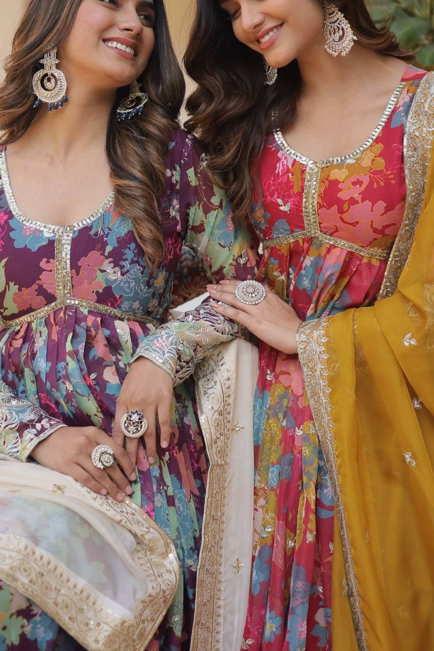 Ravishing Russian Silk Zari Sequins Worked Gown With Dupatta - Ethnicwish