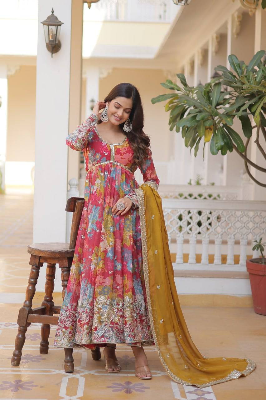 Ravishing Russian Silk Zari Sequins Worked Gown With Dupatta - Ethnicwish