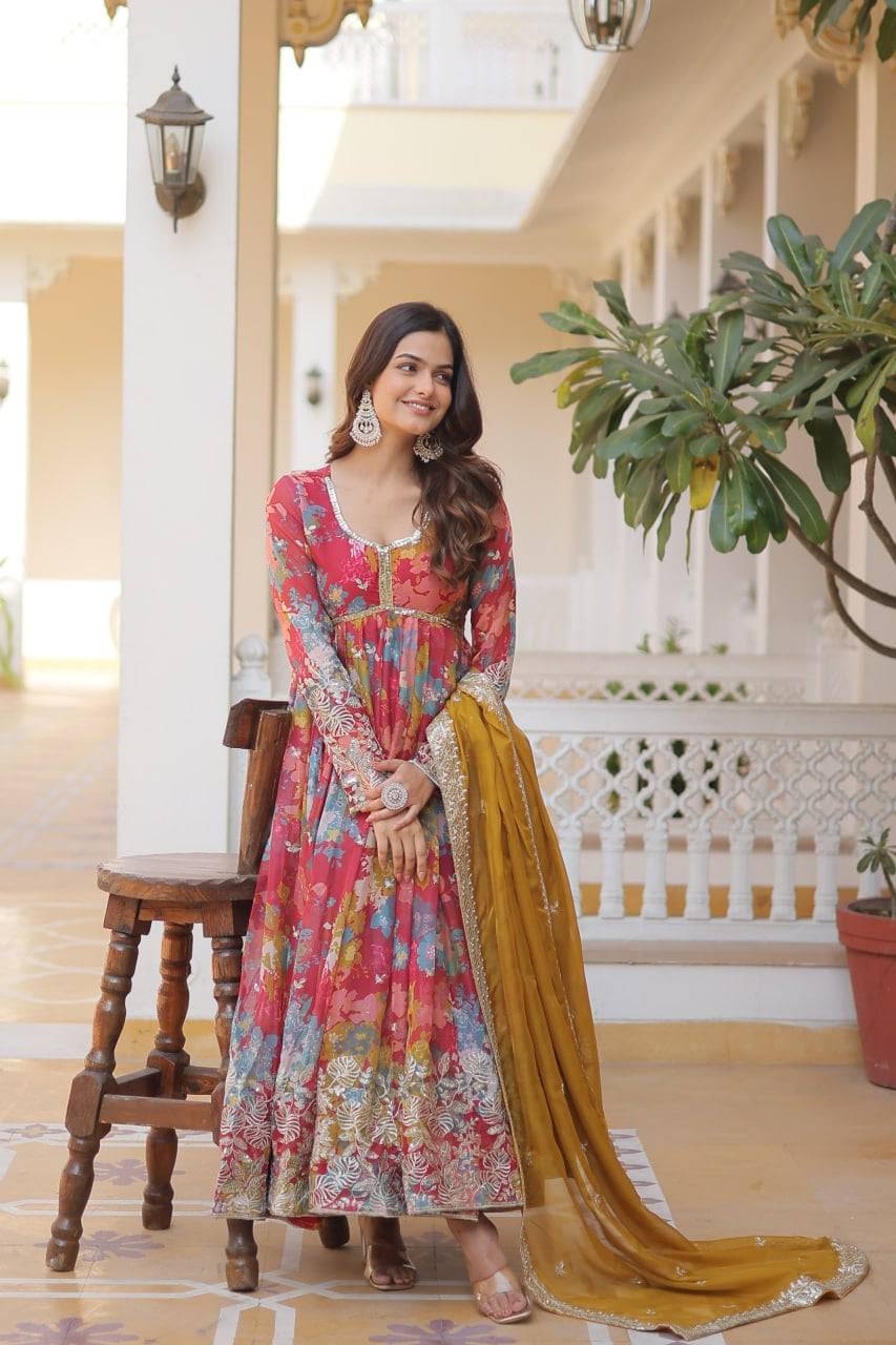Ravishing Russian Silk Zari Sequins Worked Gown With Dupatta - Ethnicwish