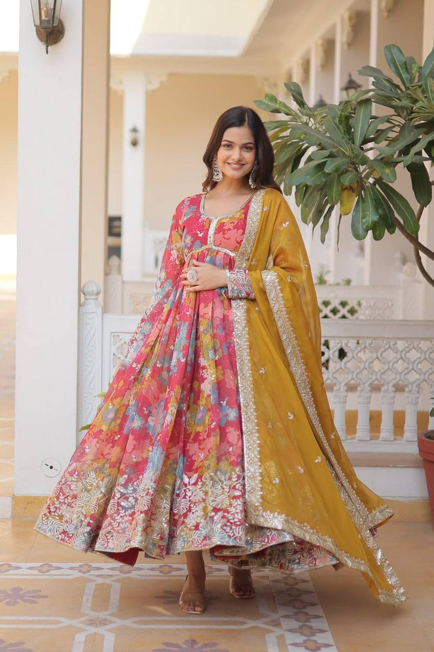 Ravishing Russian Silk Zari Sequins Worked Gown With Dupatta - Ethnicwish