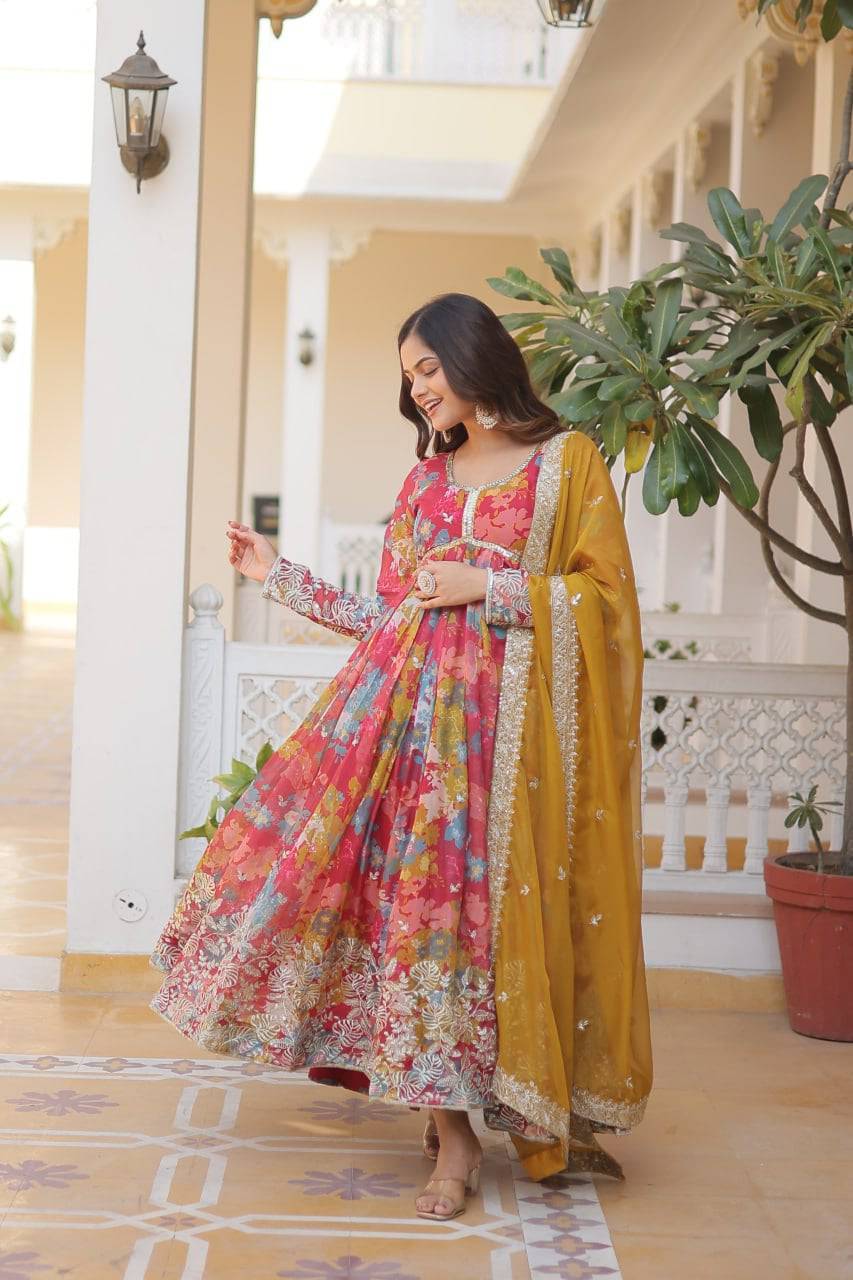 Ravishing Russian Silk Zari Sequins Worked Gown With Dupatta - Ethnicwish