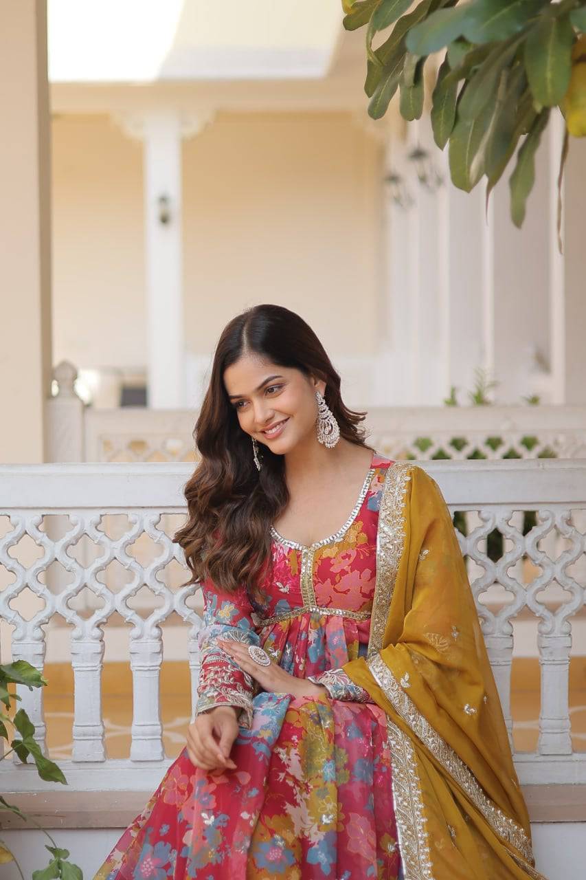 Ravishing Russian Silk Zari Sequins Worked Gown With Dupatta - Ethnicwish