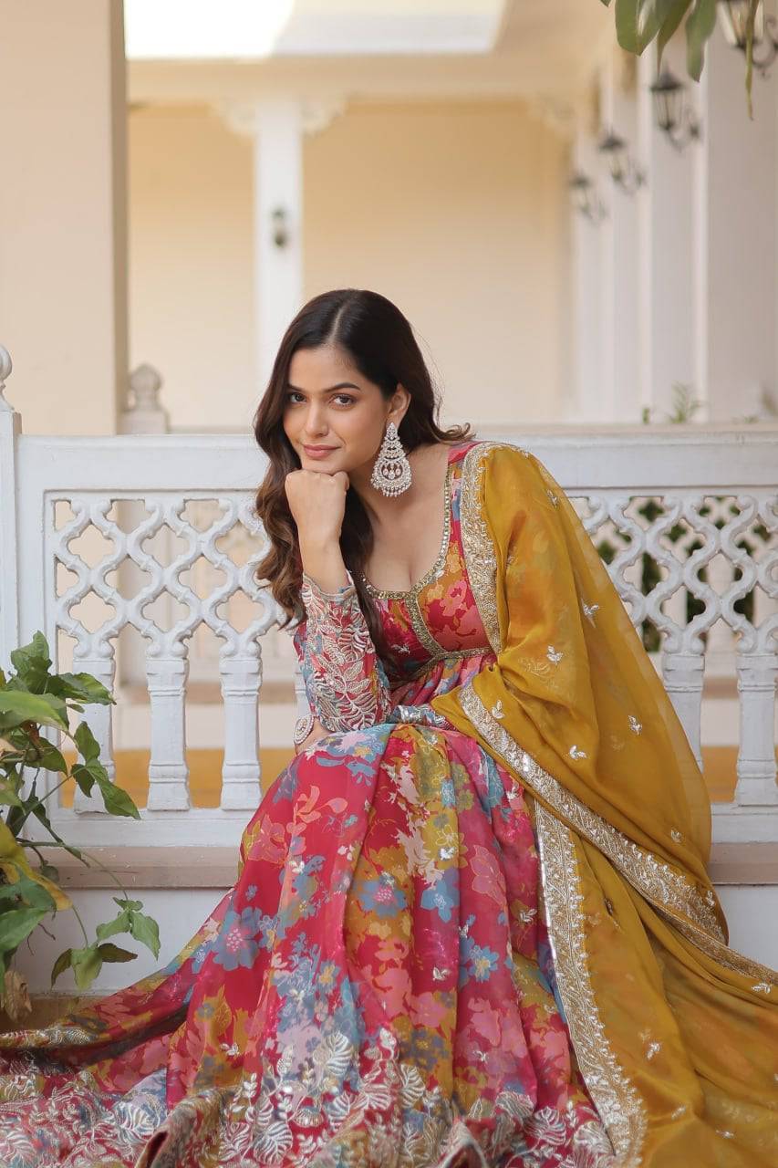 Ravishing Russian Silk Zari Sequins Worked Gown With Dupatta - Ethnicwish