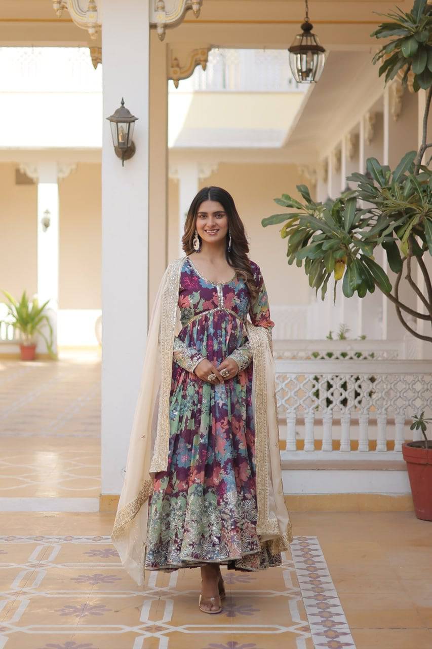 Ravishing Russian Silk Zari Sequins Worked Gown With Dupatta - Ethnicwish