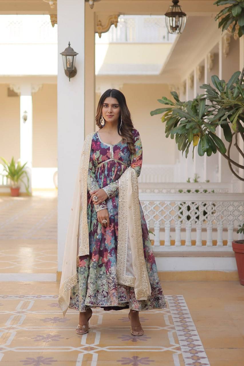 Ravishing Russian Silk Zari Sequins Worked Gown With Dupatta - Ethnicwish