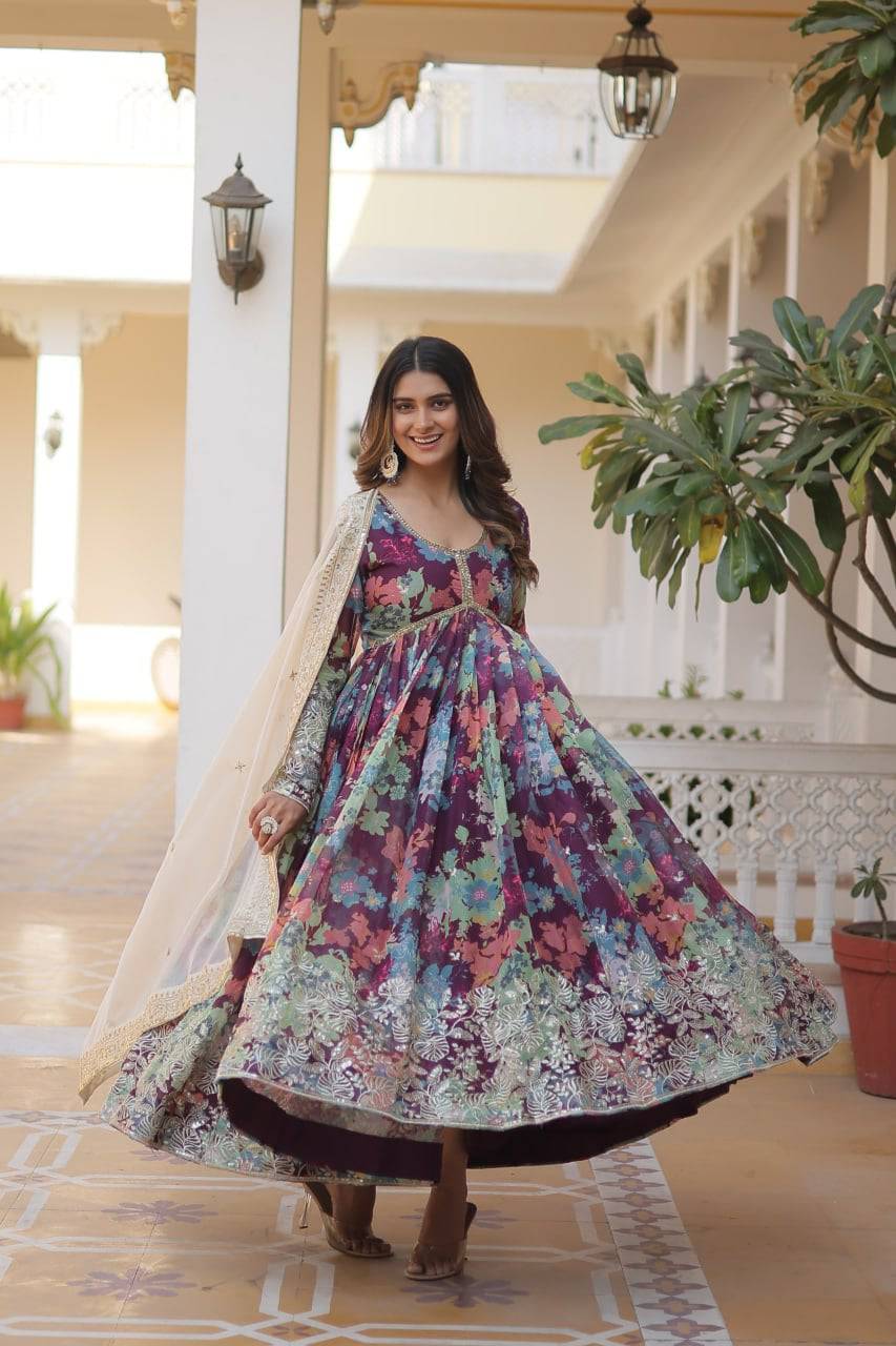 Ravishing Russian Silk Zari Sequins Worked Gown With Dupatta - Ethnicwish