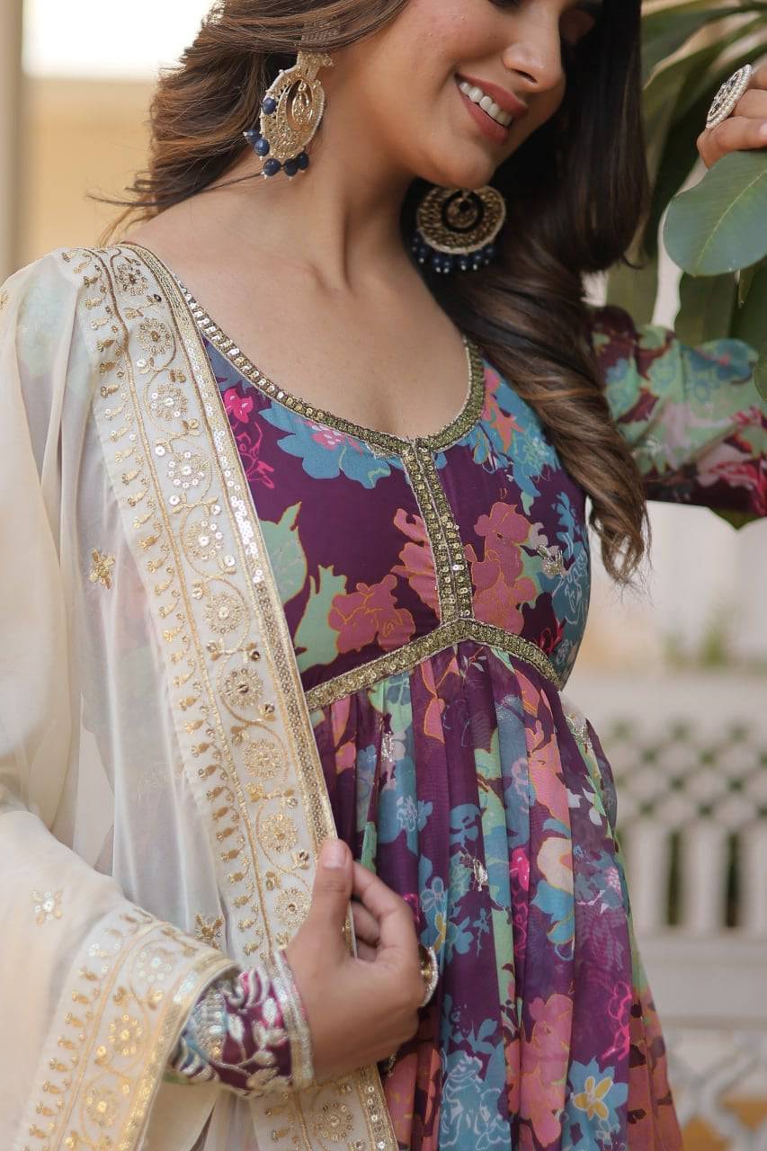 Ravishing Russian Silk Zari Sequins Worked Gown With Dupatta - Ethnicwish
