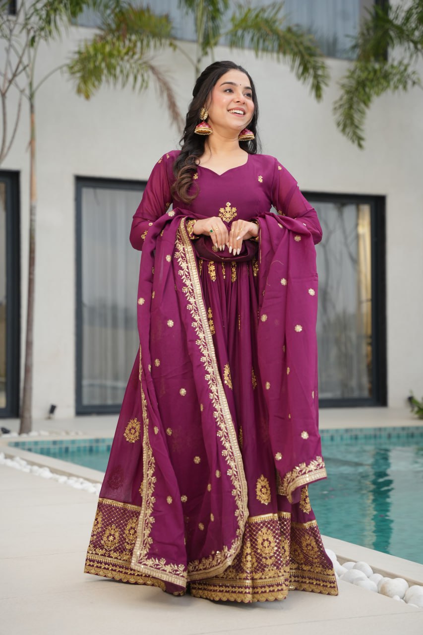 Star Georgette Zari Sequins Embroidered Gown Set With Designer Dupatta - ETHNICDEAL