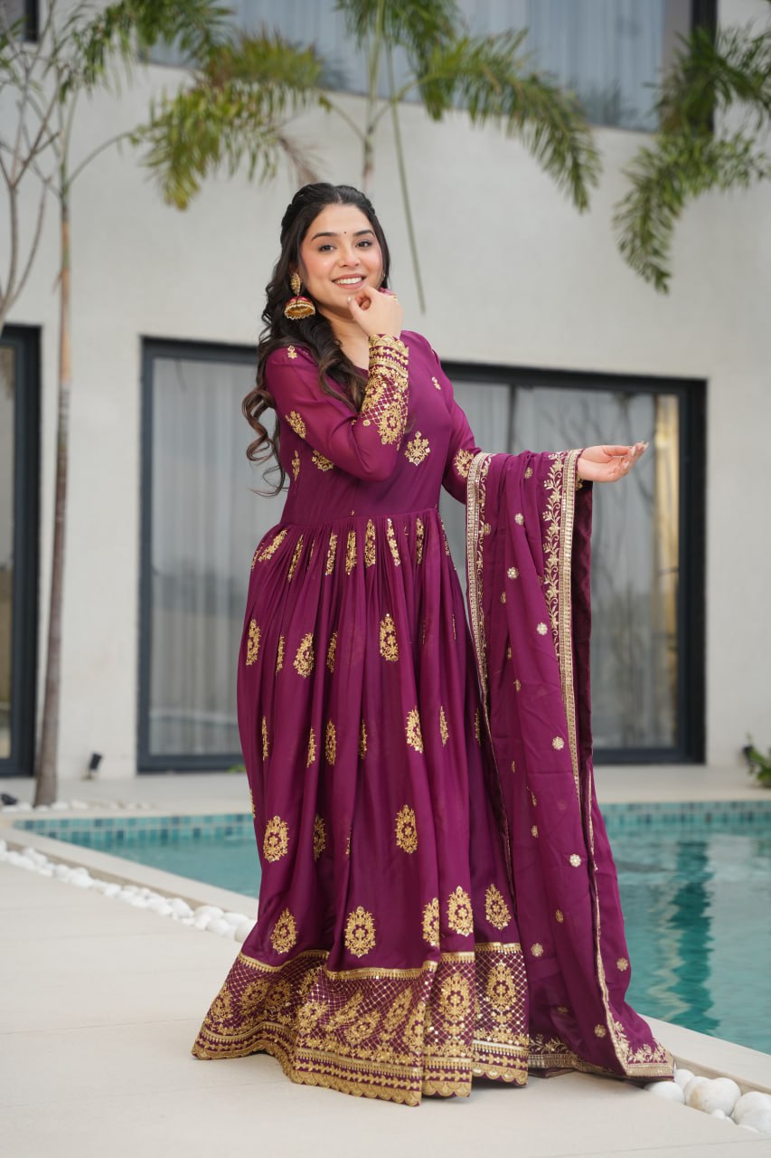 Star Georgette Zari Sequins Embroidered Gown Set With Designer Dupatta - ETHNICDEAL