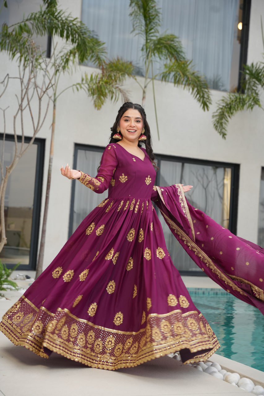 Star Georgette Zari Sequins Embroidered Gown Set With Designer Dupatta - ETHNICDEAL
