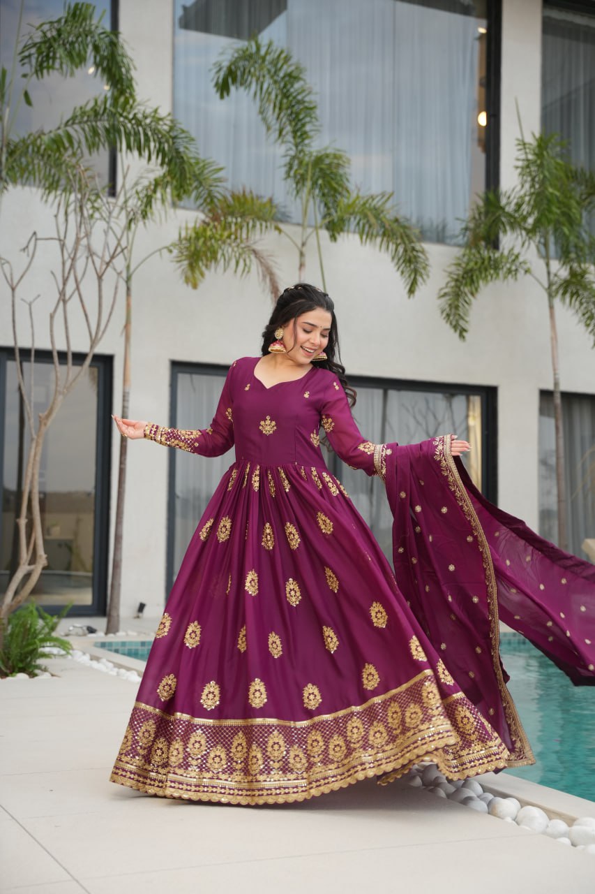 Star Georgette Zari Sequins Embroidered Gown Set With Designer Dupatta - ETHNICDEAL