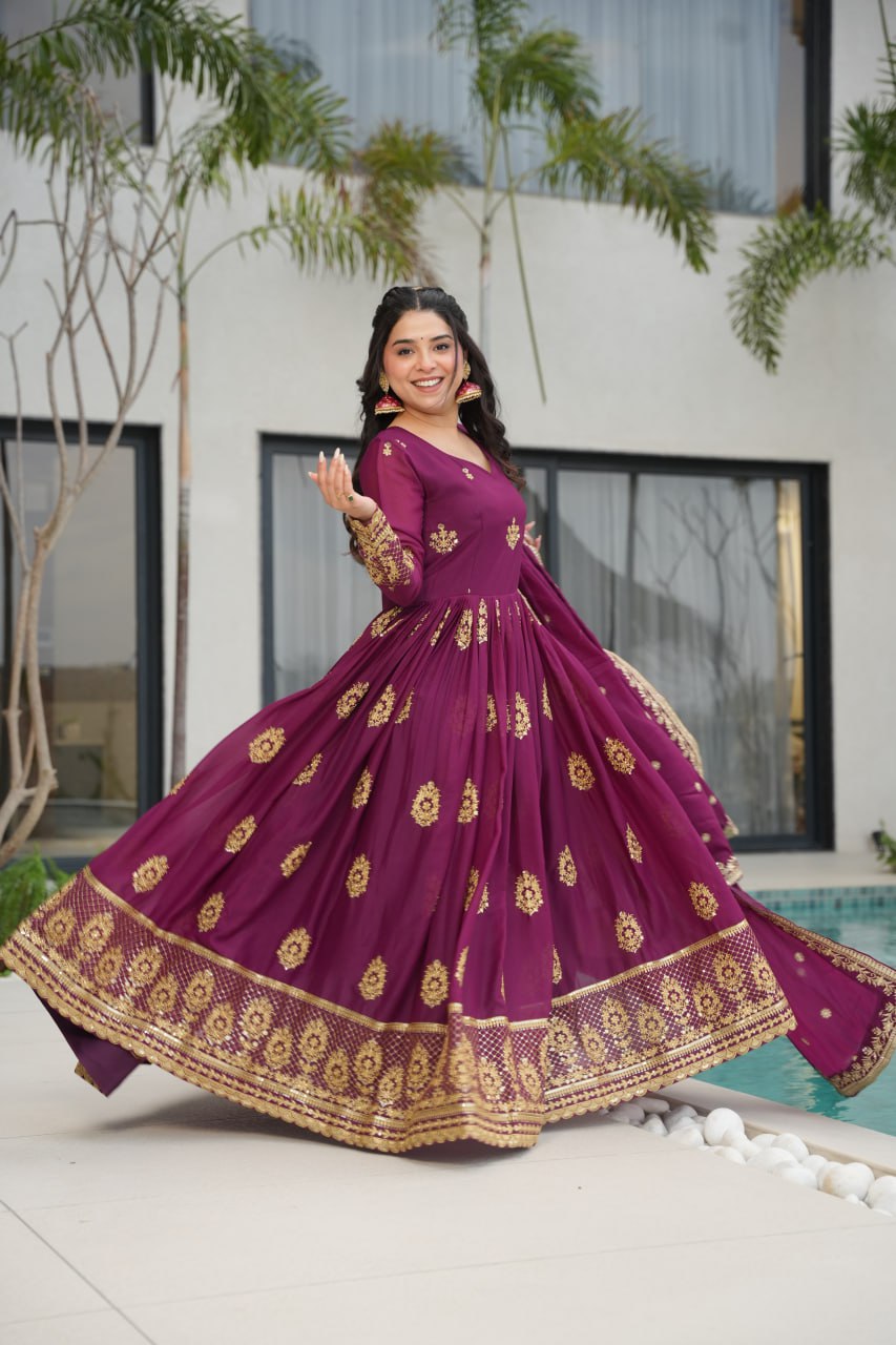 Star Georgette Zari Sequins Embroidered Gown Set With Designer Dupatta - ETHNICDEAL